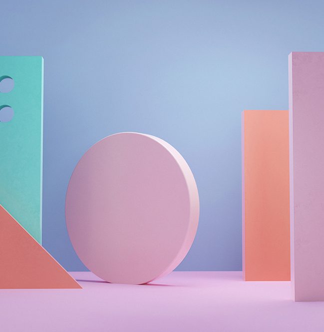 Colorful geometric shapes on pastel background.