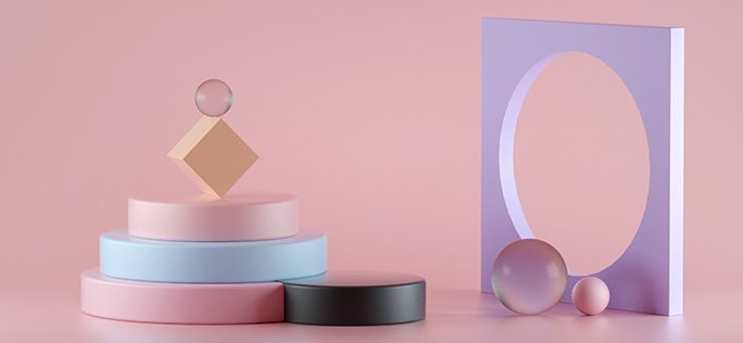 Geometric shapes on pastel pink background.