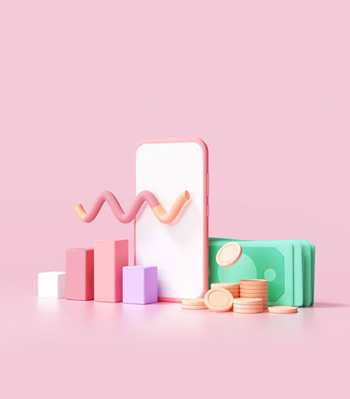 Phone with charts and money on pink.