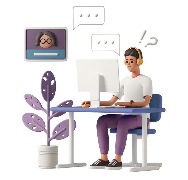 Illustration of person at computer with headphones.