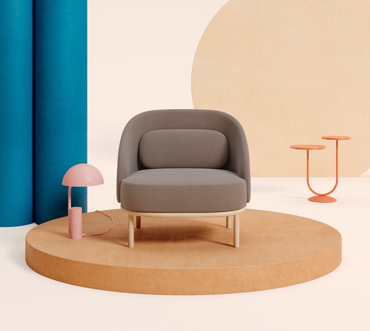 Modern chair and lamp in minimalist setting.