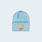 Blue beanie with winking emoji patch.