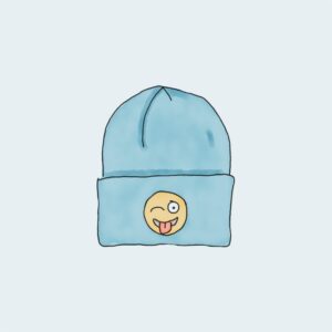 Blue beanie with winking emoji patch.