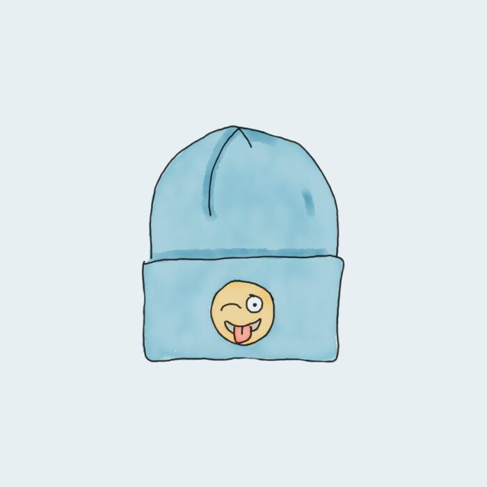 Blue beanie with winking emoji patch.