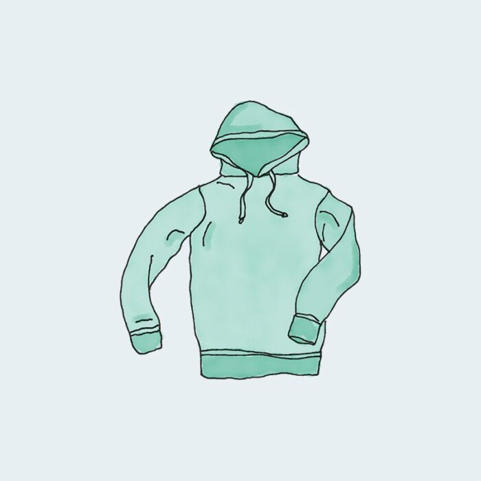 Illustration of a teal hooded sweatshirt.