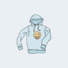 Blue hoodie with winking emoji design.