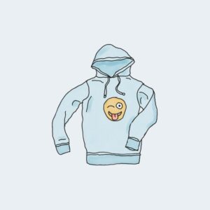 Blue hoodie with winking emoji design.