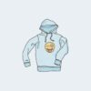 Blue hoodie with winking face emoji design.