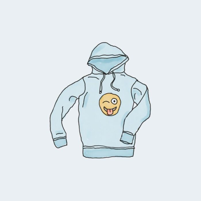 Blue hoodie with winking face emoji design.