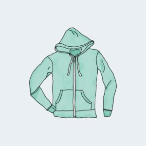 Green hoodie illustration on light background.