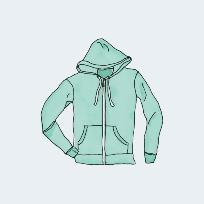 Green hoodie illustration on light background.
