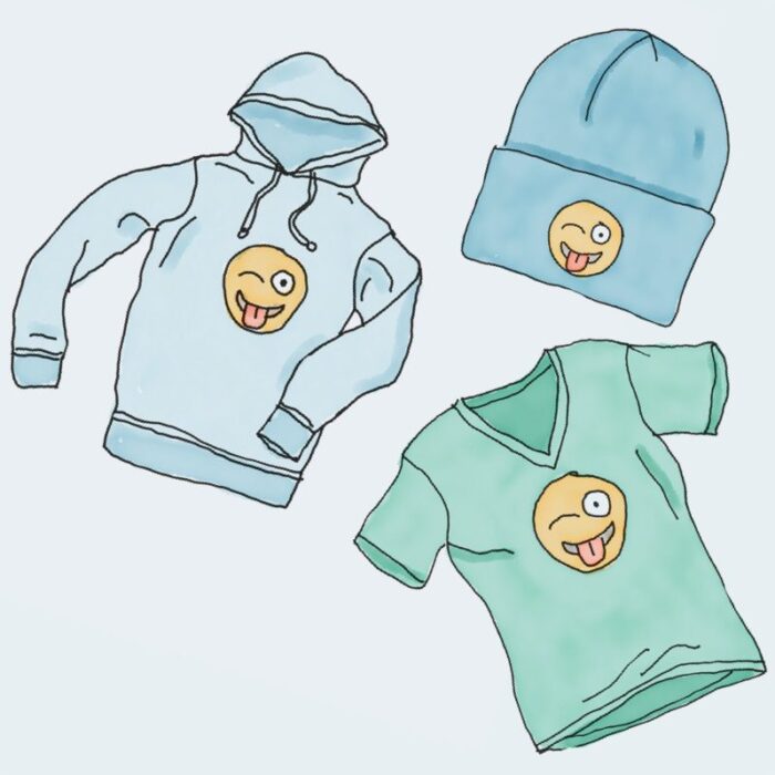 Clothing with winking emoji design illustration.