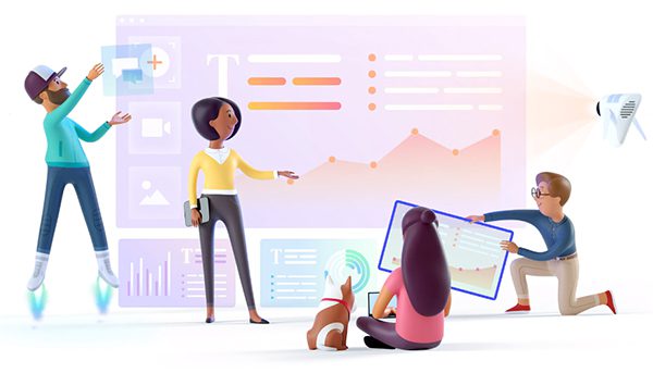 Team collaborating on data presentation.