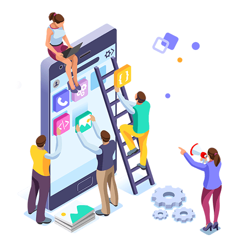 Illustration of people working on smartphone apps.