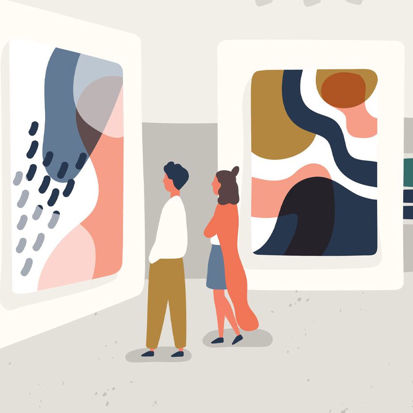 Two people viewing abstract art in gallery.