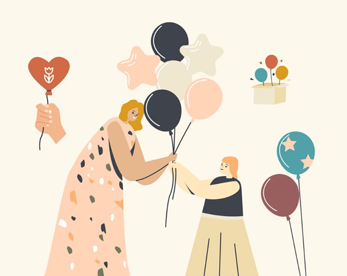 People exchanging balloons with heart and stars.